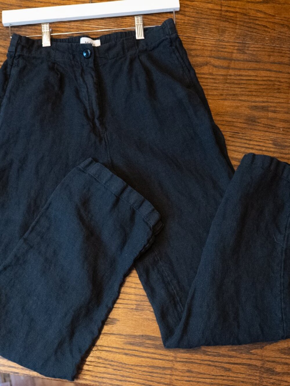MATE Women Pants Black 100% Linen Elastic Waist Tapered Leg Ankle S
